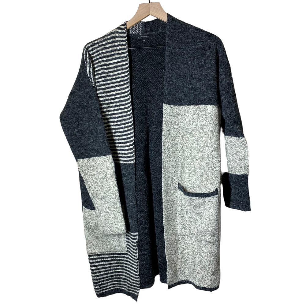 Staccato Gray Mixed Print Open Front Long Cardigan Size Small
